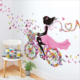 Beautiful Butterfly Flower Pink Girl on Bicycle Wall Stickers for Girl Room Bedroom Living Room Wall Decals Decorative Stickers