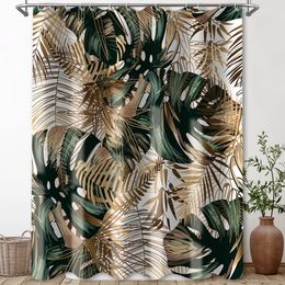 Shower Curtains Green Hawaii Tropical Shower Curtain Green Gold Tropical Leaves Plant Fabric Bathroom Curtain Botanical Jungle Bath Curtain Set 231213