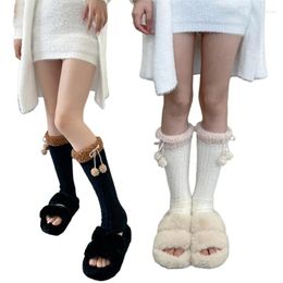 Women Socks Coral Fleece Knit Leg Cover Vintage Furry Trim Bow Warmer Long