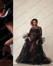 Casual Dresses Sexy Black See Thru Maternity Long Women Outfit Full Sleeves Tulle A-line Robe Female Kimono Pography