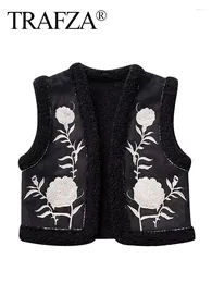 Women's Vests TRAFZA Women Elegant Flower Embroidery Vest Lamb Wool Warm Cardigan Waistcoat Autumn Female Fashion Vintage Y2k Streetwear