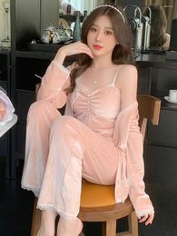 Women's Hoodies Pajamas Spring And Autumn Golden Velvet Sexy Hanging Straps Three Piece Set With Chest Pads 2023 Home Furnishings Au