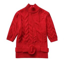 Women s Knits Tees TRAF Red Short Sleeve Sweater Women Fashion Turtleneck Belted Knit Tops Woman s Vintage Fitted Knitted Pullover Casual Sweaters 231213