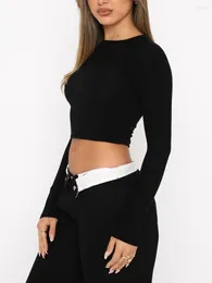 Women's T Shirts Women Casual Backless Cutout Long Sleeve T-Shirts Crop Tops Spring Autumn Solid Slim Pullovers Tees Female Streetwear