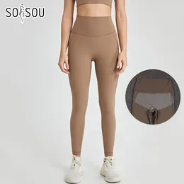 Active Pants SOISOU Nylon Leggings Women Yoga Gym Sports Fitness No Need To Wear Panties Women's Waist Pocket Elastic Breathable