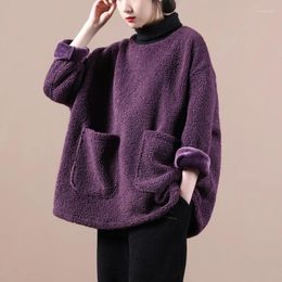 Women's Hoodies Womens Lamb Wool Thicken Sweatshirts Casual Loose Turtleneck Double Pocket All-Match Warm Top Woman Daily Pullovers 2023