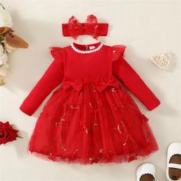 Girl Dresses Spring Autumn Born Baby Princess Lace First Birthday Party Dress Red Infant Year Headband