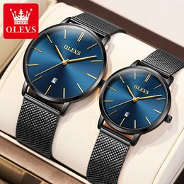 Wristwatches OLEVS 5869 Ultra Thin 6.5mm Quartz Couple Watches for Men Women Mesh Strap Waterproof Auto Date Minimalist Lover's Wristwatches 231213