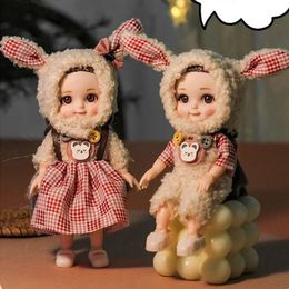 Dolls Bjd Doll 16CM 13 Movable Joints Cute smiling face shape and rabbit ear clothing set gift for children with doll toys 231214