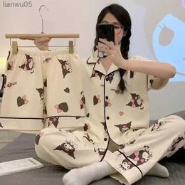 home clothing Cute Cartoon Three Piece Set For Women's Pyjamas Thin Short Sleeved Long Pants Nightwear Cardigan Female Home Clothing SuitL231213