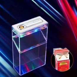 Transparent LED Colored Lamp Cigarette Case USB Lighter Windproof Tungsten Wire Coil Electric Flameless Gifts