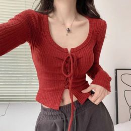 Women's Sweaters Sweet Fashion Knitted Sweater Women Spring Long Sleeve Lace Up Crop Top Korean Style Elegant Slim Pullover Tops Y2k Clothes