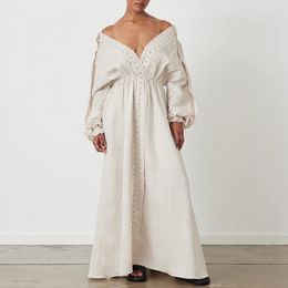 australian designer dress Grey linen V-neck lantern sleeve loose fitting long dress