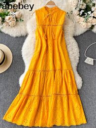 Casual Dresses Bohemian Dress Women Summer Sleeveless Mid-calf Solid Lace-up V-neck Loose Waist Embroidery Hollow Beach Holiday