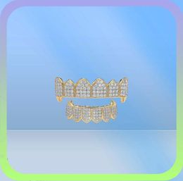 Shining Hip Hop Grillz Iced Out CZ Fang Mouth teeth grills Caps Top Bottom tooth Set Men Women Vampire Grills Fashion Jewelry8730305