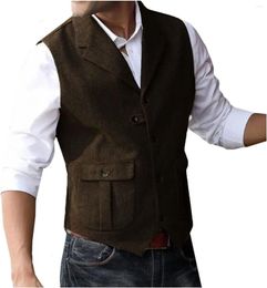 Men's Vests Tailor-made Herringbone Khaki Flap Pocket Men Vest Dinner Party Wear Notch Lapel Waistcoat Slim Fit Wedding Clothing Winter Warm