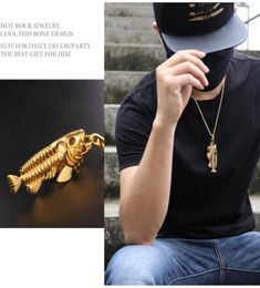 Fish Bone Fishing Hook Pendant Necklaces Punk Style Men Link Chain 4 Colours Personality Jewellery Fashion gift6144013