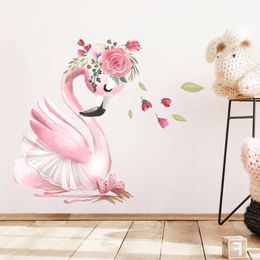 Watercolor Soft Pink Sleeping Swan Wall Stickers for Girl Room Baby Nursery Room Bedroom Decorative Wall Decals Flowers Murals