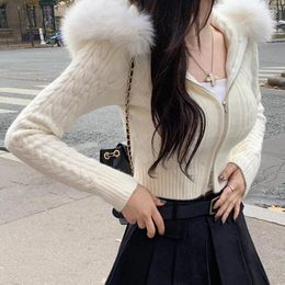 Women's Knits Korean Style Zip-up Cropped Sweater Cardigan Women Sweet Casual Basic Slim-fit Feathers Hooded Knitted Jackets Autumn