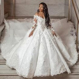 Luxury Arabic Dubai Wedding Dresses 3D Flower Lace V-neck Off Shoulder Bridal Gowns Church Train Vestidos De Novia Floral Formal Brides Dress Ball Gown