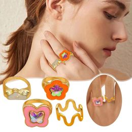 Cluster Rings 4pcs Colorful Butterfly Flower Crystal Cloud Opal Sea Wave Cute Joint Ring Set