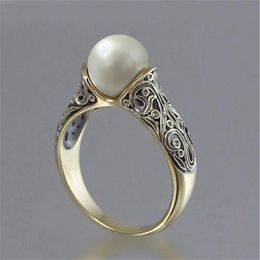 Gold Plated Fashion Women Jewellery Ring Artificial White Pearl Ring For Whole and Retail US Size 5-12293T