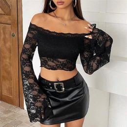 Women's T Shirts Off Shoulder Lace Tops For Women Aesthetic Clothing See Through Floral Flared Long Sleeve Shirt 2000s Clothes Black