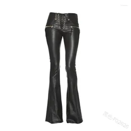 Women's Pants Casual Streetwear Women Punk Gothic Black PU Leather High Waist Bandage Skinny Slim Flared Trousers Clothing S-5XL