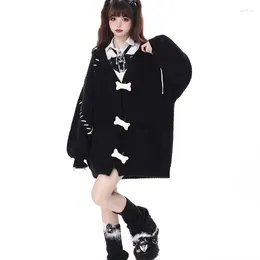 Women's Knits Black Cardigans Y2k Mid Length Casual Long Sleeve Hooded Preppy Style Japanese Knitted Coats Sweaters Harajuku Women