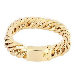 21 5CM 14MM BRAND NEW HIGH QUALITY HEAVY MEN'S Jewellery GIFT BIKER 316L STAINLESS STEEL CUBAN CURB LINK GOLD BRACELET BANGLE323l