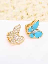 S925 silver Charm clipper earring with diamond and blue turquoise stone butterfly shape have box stamp PS40216202776