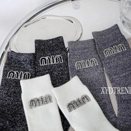 Women Socks Autumn And Winter Personalised Thick European Luxury Shiny Silver Rhineston Letter For Gifts Fashion Designer