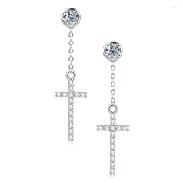 Dangle Earrings Women's Religion Original 925 Sterling Silver Round Cut 4mm Moissanite Tassel Chain Cross Drop Women Men