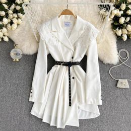Casual Dresses Elegant Fashion Suit Blazer Dress Women 2023 Summer Autumn White Embroidery Flower Lace Shawl Single Breasted Short Robe