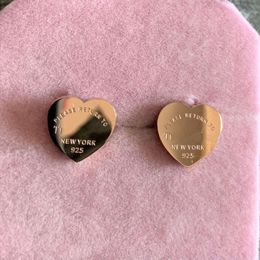 2023 Stud Cute simple 1cm girls original branded polished heart TF stud Stainless Steel 18k Gold silver rose women love engrave earrings friendship gift jewelry