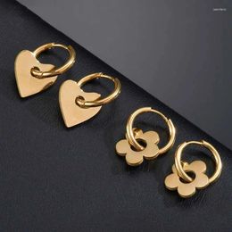 Hoop Earrings Cute Flower Drop For Women 2023 Trending Gold Color Stainless Steel Heart Party Wedding Jewelry Gift