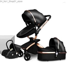 Strollers# Strollers Baby Stroller 3 In1 Pu Leather Carriage Born Two-way Foldable Pram Kinderwagen Pushchair{category} Q231215