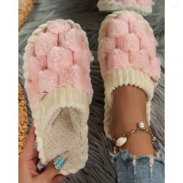 Slippers Homewear Chaussons Fashion Women Contrast Panelled Geometric Fluffy Flats Slipper Casual Autumn Winter Indoor Chaussures Shoes