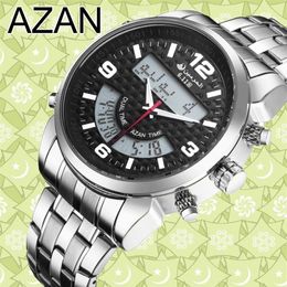 6 11 New Stainless Steel Led Digital Dual Time Azan Watch 3 Colors Y190521033006