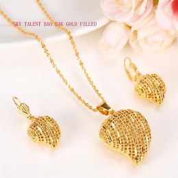 Peach Heart Pendant Jewelry sets Classical Necklaces Earrings Set 24k Fine Solid Gold GF Arab Africa Wedding Bride's Dowry2140
