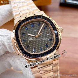 40mm 5711 A21J Automatic Mens Watch Rose Gold Baguette Blue Gem Bezel Grey Texture Dial Diamonds Stick Markers Stainless Stee2935