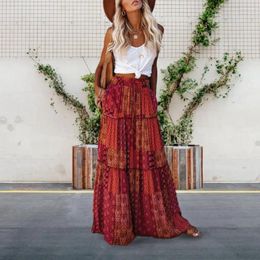 Skirts Bohemian Skirt Commuting Vintage Boho Ethnic Print Maxi Elastic Drawstring High Waist Loose Fit Big Hem For Vacation
