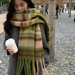 Scarves Winter Warm Plaid Fringe Scarf Women Vintage Thicken Color Shawl Couple Ins Korean Velvet Brand Scarves Autumn Outdoor 231214