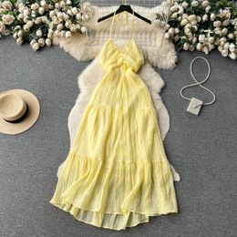 Casual Dresses Summer French Bra Hanging Neck Strap Dress Vintage Pleated Texture Medium Length Holiday