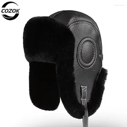 Berets 2023 Fashion Men Real Rex Fur Bomber Hat Ushanka Cap Trapper Russian Man Ski Hats Caps Sheepskin Leather Winter Warm