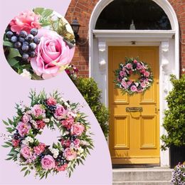 Decorative Flowers Door Wreath Flower Peony Head 55cm Handmade Garland For Spring Summer Outdoor Display #t2g2971