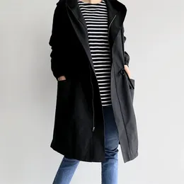 Women's Trench Coats Autumn/Winter Japanese Solid Color Fashion Zipper Loose Long Sleeve Waist Large Pocket Casual Hooded Windbreaker Coat