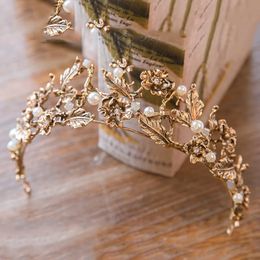 Headbands Retro Baroque Gold Pearl Leaf Bridal Headwear Crystal Crown Hair Accessories Retro Headwear Wedding Hair Accessories Bridal Headband 231213