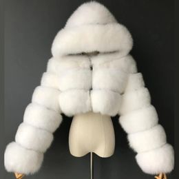 Women's Fur Faux Fur Biyaby Winter High Quality Faux Fur Coat Women Thicken Warm Cropped Furry Hooded Jacket Female Fashion Fake Fur Outerwear 231213