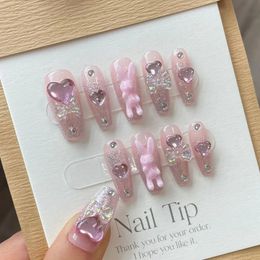 False Nails Handmade Long Pink Rabbit Press on Nails with 3D Charms Design Cute Reusable Adhesive False Nails Artifical Acrylic Nail Tip Y2k 231214